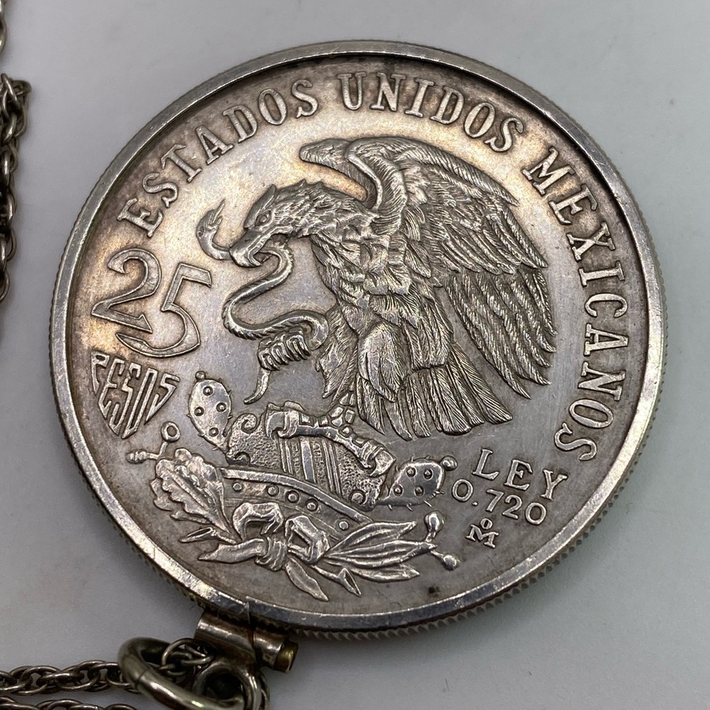 1968 Vintage Sterling Necklace Mexican Olympics 25 Peso Coin in Wrap 24” Chain - Picture 13 of 14